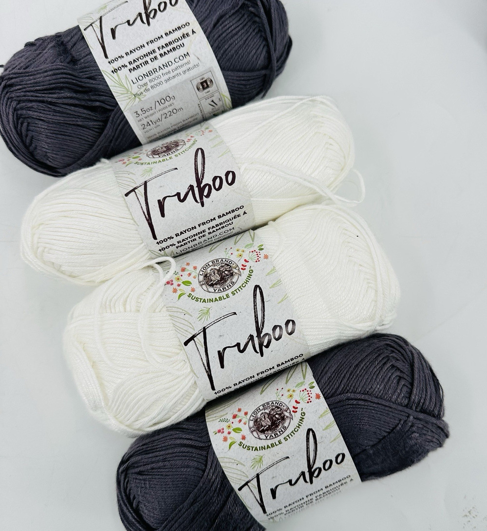 4 Lion Brand Truboo Yarn SLATE GRAY & WHITE 100% Rayon From Bamboo DK Weight
